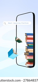 Smart learning platform search on smartphone with floating books. Concept of mobile education apps, online course discovery, digital library access, and study platform advertising.