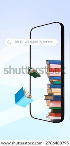 Smart learning platform search on smartphone with floating books. Concept of mobile education apps, online course discovery, digital library access, and study platform advertising.
