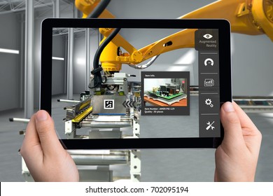 Smart Logistic warehouse technology , Augmented reality marketing , X-Ray packages box , industry 4.0 concept. Hand holding tablet to check items inside boxes.