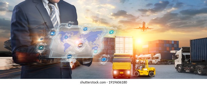 Smart logistics concept, Businessman holding virtual interface panel of global logistics network distribution and transportation import export and transport industry background