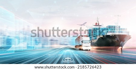 Smart Logistics Digital Marketing Technology Concept, Double Exposure Polygon Wireframe of Container Cargo Freight Ship, Plane, Truck, Growth Graph, Modern Future Import Export Transport Background