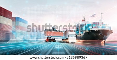 Smart Logistics Digital Marketing Technology Concept, Double Exposure Polygon Wireframe of Container Cargo Freight Ship, Plane, Truck, Growth Graph, Modern Future Import Export Transport Background Stockfoto © 
