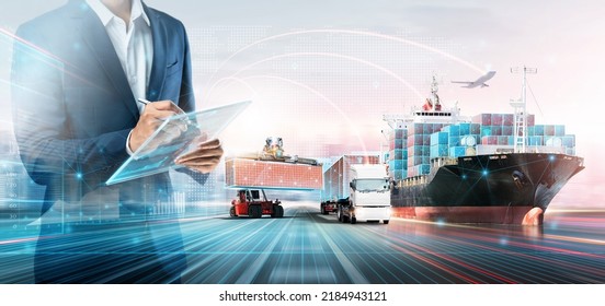 Smart Logistics Global Business   Warehouse Technology Management System Concept  Businessman using tablet control delivery network distribution import export  Double exposure future Transportation