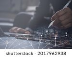 Smart logistics, GPS map, pin address location on mobile apps, global business. Double exposure of business man using digital tablet searching target place and the city with internet network