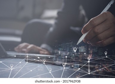 Smart logistics, GPS map, pin address location on mobile apps, global business. Double exposure of business man using digital tablet searching target place and the city with internet network