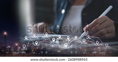 Smart logistics, GPS map, pin address location on mobile apps, global business. Double exposure of business man using digital tablet searching target place and the city with internet network