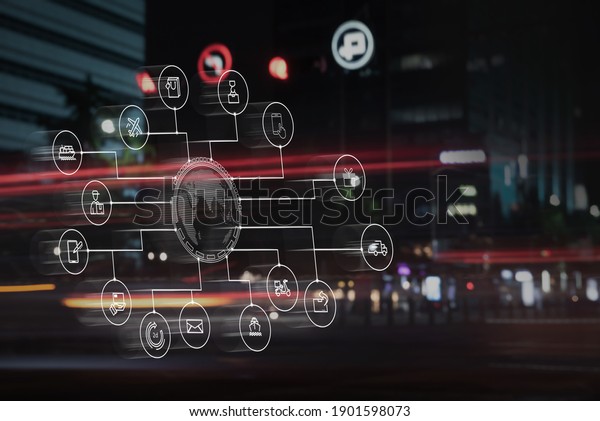 Smart logistics, IoT Internet of Things,\
online shopping concept. Logistic global network icons on modern\
virtual screen interface and high speed moving car on the road in\
the city as background