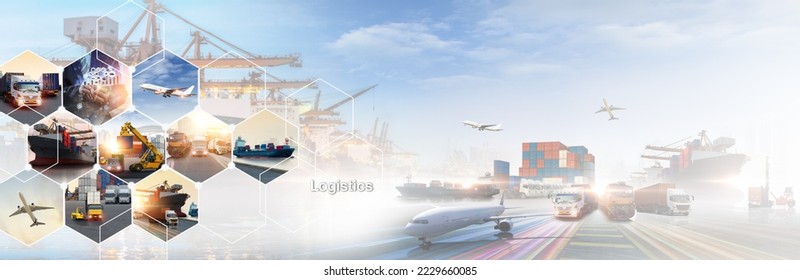 Smart logistics   transportation Concept  Transportation   logistic network distribution growth  Container cargo ship   trucks industrial cargo freight for import export industrail background