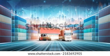 Smart Logistics and Warehouse Technology concept, Real time data location tracking freight shipment delivery, Container truck at port,
Global business logistics import export transportation background
