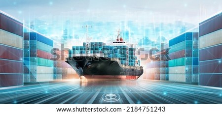 Smart Logistics and Warehouse Technology concept, Real time data location tracking freight shipment delivery, Container ship at port, Global business logistics import export transportation background