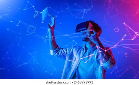 Smart man looking data or connecting with big data or virtual reality by using goggle or VR headset. Caucasian person exploring metaverse world and touching simulated program. Technology. Deviation. - Powered by Shutterstock