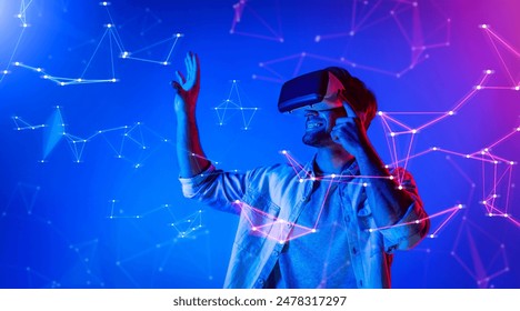 Smart man looking data or connecting with big data or virtual reality by using goggle or VR headset. Caucasian person exploring metaverse world and touching simulated program. Technology. Deviation. - Powered by Shutterstock