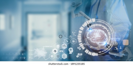 Smart Medical, Health Futuristic Technology Concept, Doctor Medicine  Hud Of Artificial Intelligence , Robot To Treatment Patient By Using  Technology In Health To Safe Life And Make Patient Better