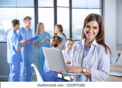 Smart medical student with her classmates in college