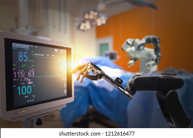 Smart Medical Technology Concept,advanced Robotic Surgery Machine At Hospital, Robotic Surgery Are Precision, Miniaturisation, Smaller Incisions, Decreased Blood Loss, Less Pain,  Quick Healing Time