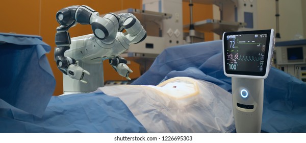 Smart Medical Technology Concept,advanced Robotic Surgery Machine At Hospital, Robotic Surgery Are Precision, Miniaturisation, Smaller Incisions, Decreased Blood Loss, Less Pain,  Quick Healing Time