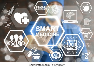 Smart Medicine Concept. Innovative Technologies in healthcare. Health care innovation information technology integration. Doctor touched icon SMART MEDICINE text on virtual screen. Data, IOT, AI.