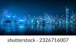 Smart network and Connection technology concept, Hong Kong digital city background at night in victoria harbour, Cyberpunk color style, Panorama view