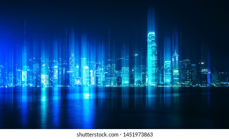 Smart Network And Connection Technology Concept With Hong Kong City Background At Night In Victoria Harbor, Panorama View