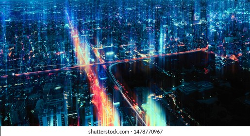 Smart Network And Connection Technology Concept, Osaka City Background At Night In Japan, Panorama View