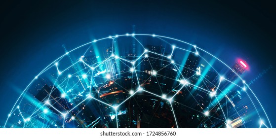 Smart network and Connection technology concept with Bangkok city background at sunset in Thailand, Panorama view - Shutterstock ID 1724856760
