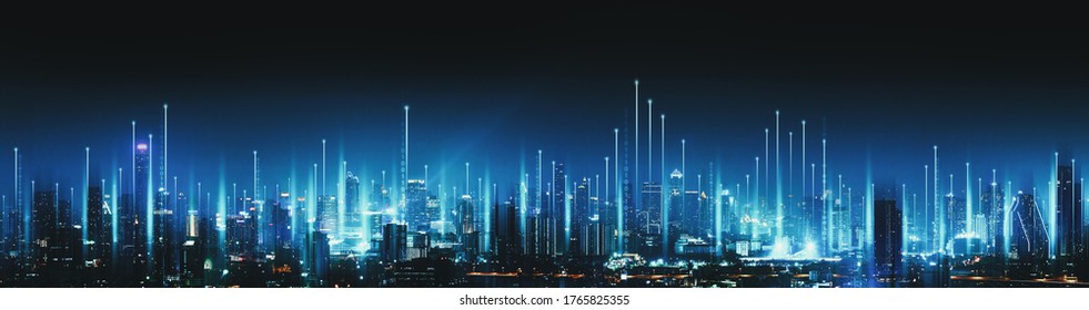 Концепция интеллектуальной сети и технологии подключения с фоном Бангкока ночью в Таиланде, панорамный вид