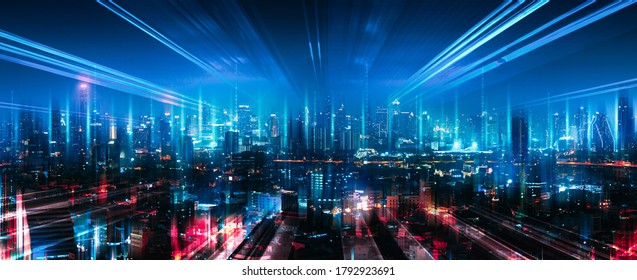 Smart Network And Connection Technology Concept With Bangkok City Background At Night In Thailand, Panorama View