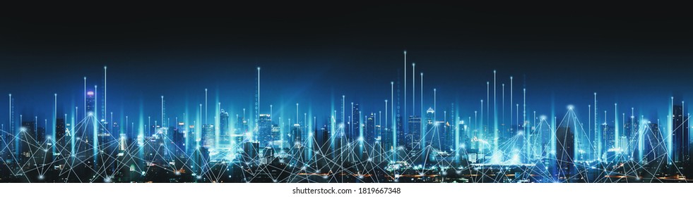 Smart Network And Connection Technology Concept With Bangkok City Background At Night In Thailand, Panorama View