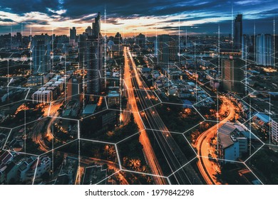 Smart network and Connection technology concept with Bangkok city background at night in Thailand, Panorama view
