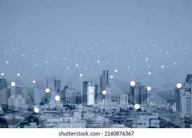 Smart network and Connection technology concept with Tel Aviv city blue background. Smart city and abstract dot points connect. 5G technology in city - Powered by Shutterstock - Get 15% off with code: PIKWIZARD15