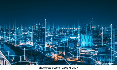 Smart network and Connection technology concept with Pattaya city background at night in Thailand, Panorama view