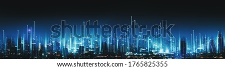 Photo of Smart network and Connection technology concept with Bangkok city background at night in Thailand, Panorama view