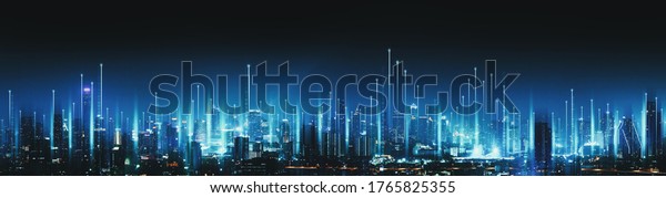 Smart\
network and Connection technology concept with Bangkok city\
background at night in Thailand, Panorama\
view