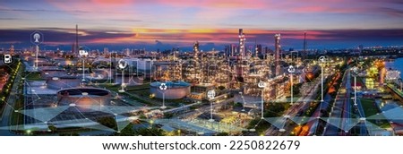 Smart Oil and gas industry 4.0 concept, refinery factory zone, The equipment of oil refining, Close-up of industrial pipelines of an oil-refinery petrochemical plant, communication network concept. 5G