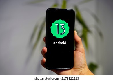                Smart Phone With Android 13 Logo. Google Operating System. United States, California July 17, 2022                