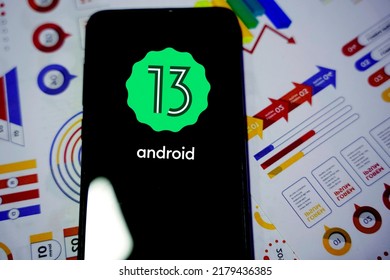    Smart Phone With Android 13 Logo. Google Operating System. United States, California July 17, 2022                            