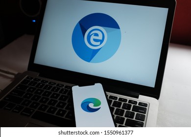Smart phone and computer with the new Microsoft Edge logo based on Chromium, which will be the default browser in the next versions of Windows 10.
United States, New York, Tuesday, November 5, 2019.