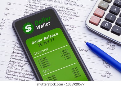 Smart Phone With Digital Dollar Wallet On Bank Statement With Calculator And Pen.