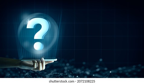 Smart Phone With Digital Question Mark Holographic. Abstract Technology Background. Q And A Discussion. FAQ, Support, Question And Answer. Help Service Business Concept.