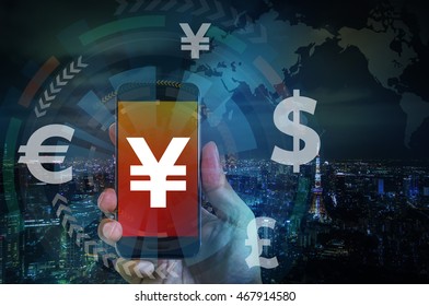 Smart Phone And Financial Technology (FinTech), Japanese Yen, Chinese Yuan, Key Currency Symbols, Worldwide Trading, Abstract Image Visual