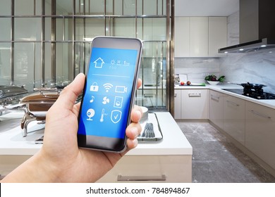 Smart Phone With Smart Home And Modern Kitchen