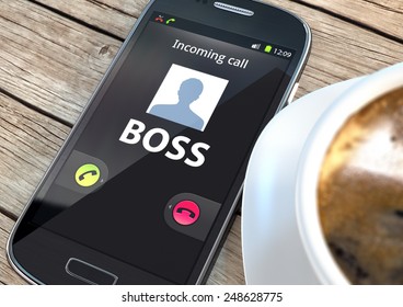 Smart Phone With Incoming Boss Call And Coffee On A Table