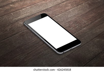 Smart Phone With Isolated White Screen For Mockup. Isometric View Phone On Table.