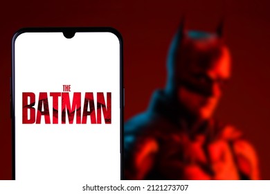 Smart phone with the logo of the batman movie character owned by DC Comics. United States, California, February 15, 2022