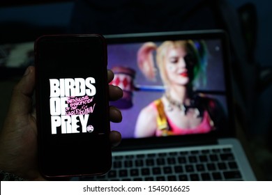 Smart Phone With A Logo Of Birds Of Prey Which Is A Harley Quinn Movie Comics Character Next To Be Released In 2020. United States, California. Tuesday, October 29, 2019