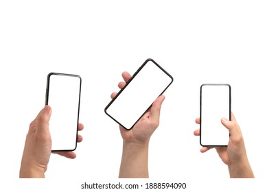 Smart Phone In Man Hand Isolated On White Background.  White Screen. Copy Space.