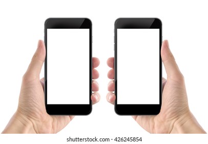 Smart Phone In Man Hand. Isolated Screen For Mockup. Left And Right Hand, Front Side.