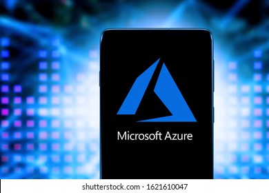 Smart phone with the Microsoft Azure logo, is a cloud service offered as a service and hosted in Microsoft Data Centers. United States, California January 21, 2020