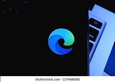 Smart Phone With The Microsoft Edge Chromium Logo Is An Internet Browser.
United States, California, November 28, 2019