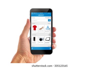 Smart Phone Online Shopping In Man Hand Isolated. Buy Clothes Shoes Accessories With E Commerce Web Site